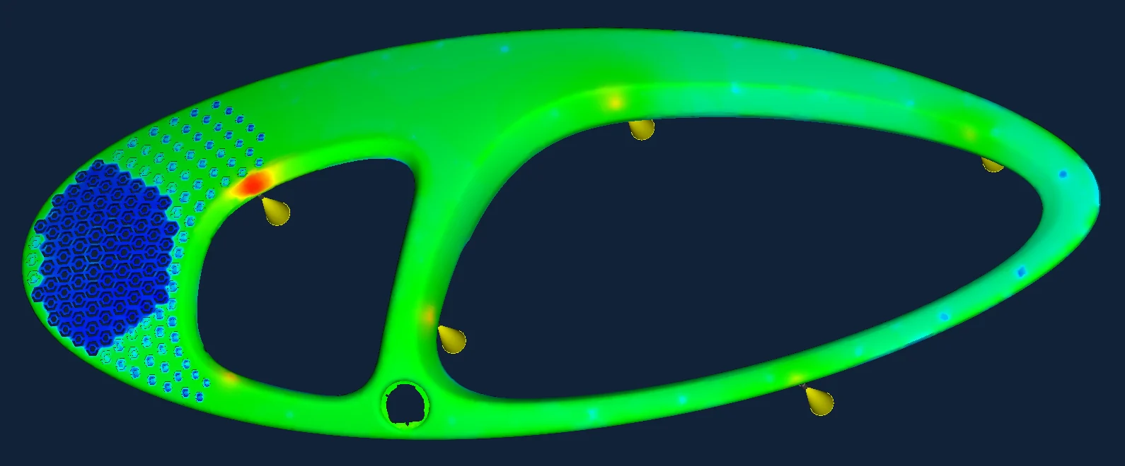 Moldflow result of a part with a honeycomb field: time to reach ejection temperature, colored from short to long